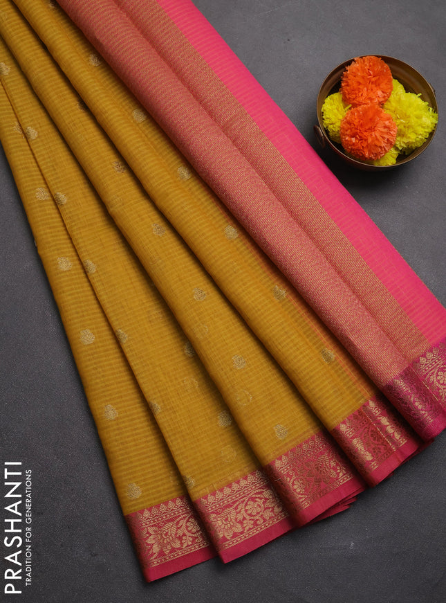 Banarasi semi dupion saree mustard yellow and pink with allover woven buttas and woven border