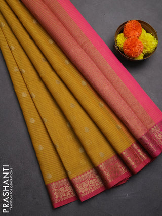 Banarasi semi dupion saree mustard yellow and pink with allover woven buttas and woven border