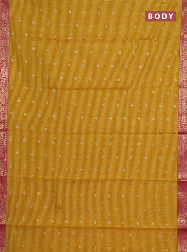 Banarasi semi dupion saree mustard yellow and pink with allover woven buttas and woven border
