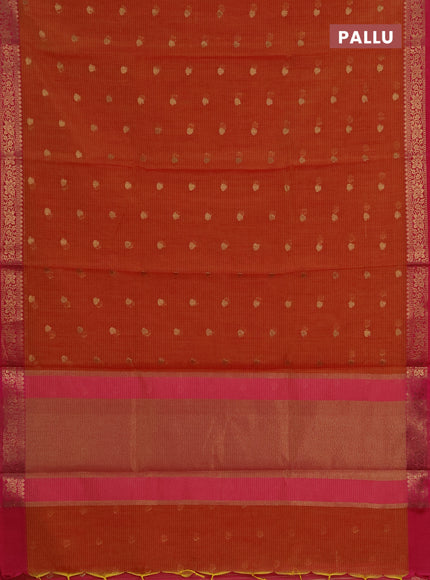 Banarasi semi dupion saree mustard yellow and pink with allover woven buttas and woven border