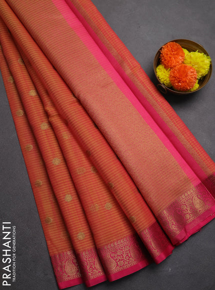 Banarasi semi dupion saree dual shade of pinkish yellow and pink with allover thread & zari woven buttas and woven border