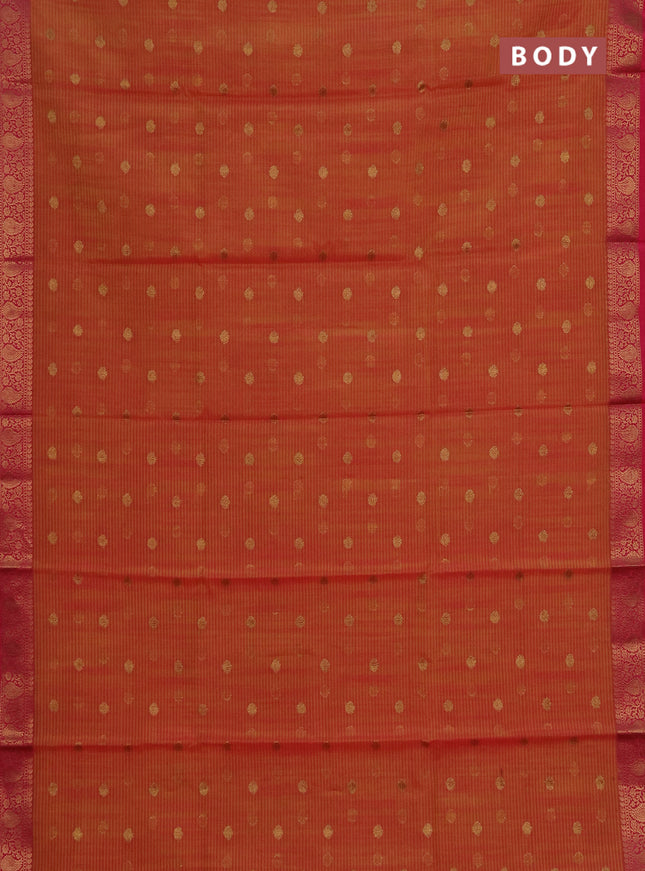 Banarasi semi dupion saree dual shade of pinkish yellow and pink with allover thread & zari woven buttas and woven border