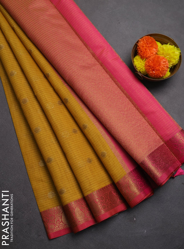 Banarasi semi dupion saree mustard yellow and pink with allover thread & zari woven buttas and woven border