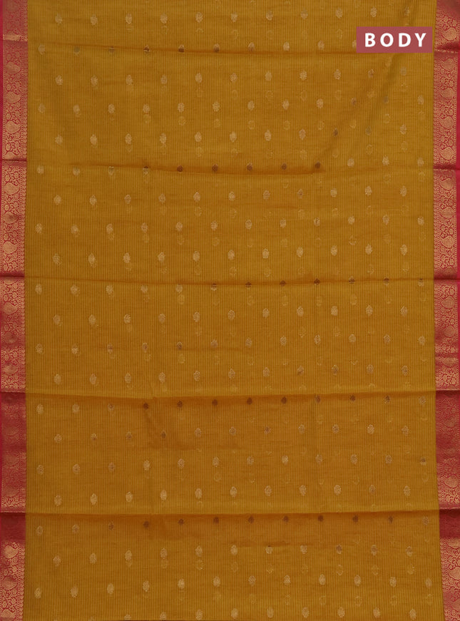 Banarasi semi dupion saree mustard yellow and pink with allover thread & zari woven buttas and woven border