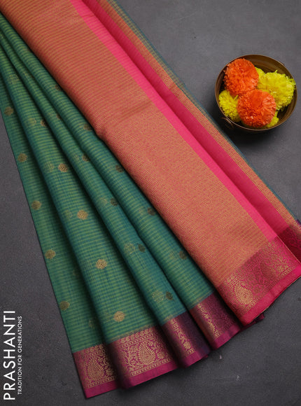 Banarasi semi dupion saree teal green and ,magenta pink with allover thread & zari woven buttas and woven border