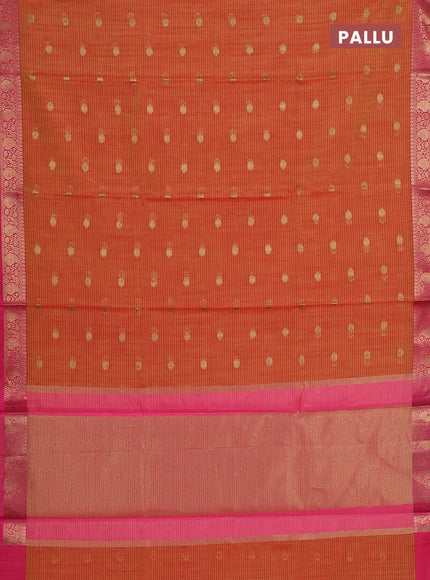 Banarasi semi dupion saree mustard yellow and pink with allover thread & zari woven buttas and woven border