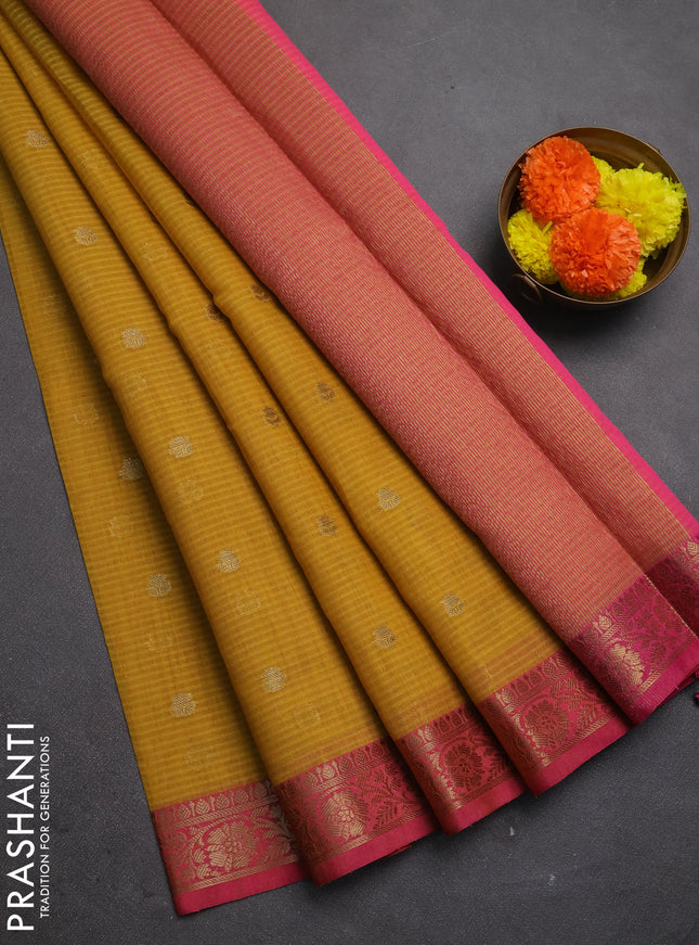 Banarasi semi dupion saree mustard green and pink with allover thread & zari woven buttas and woven border
