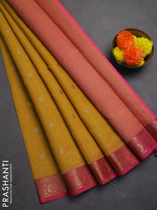 Banarasi semi dupion saree mustard green and pink with allover thread & zari woven buttas and woven border