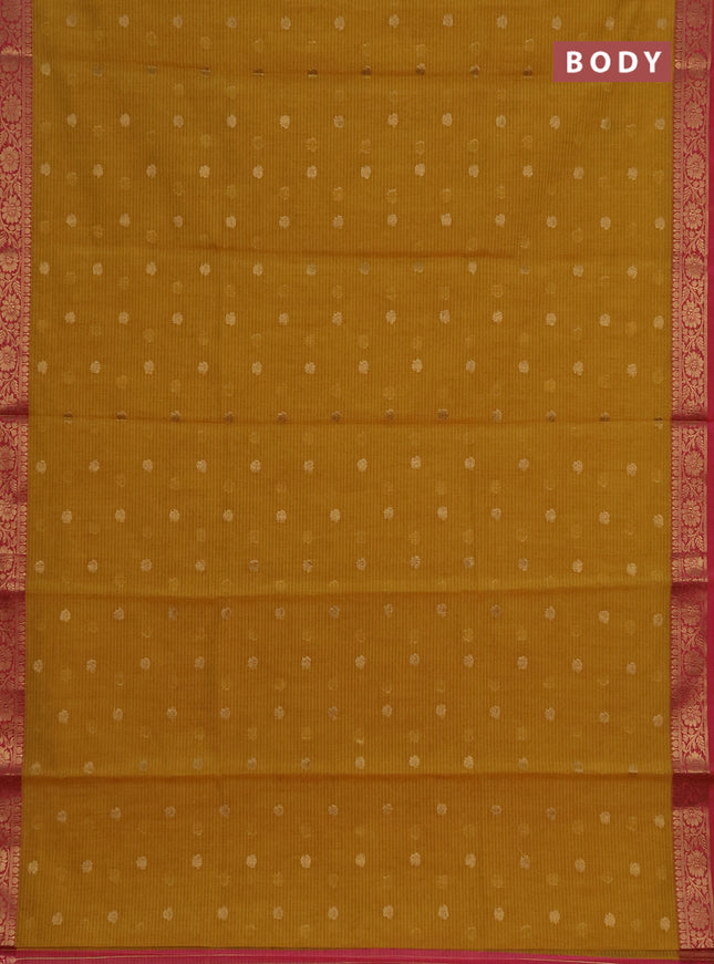 Banarasi semi dupion saree mustard green and pink with allover thread & zari woven buttas and woven border