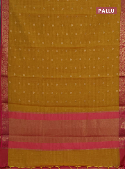 Banarasi semi dupion saree mustard green and pink with allover thread & zari woven buttas and woven border