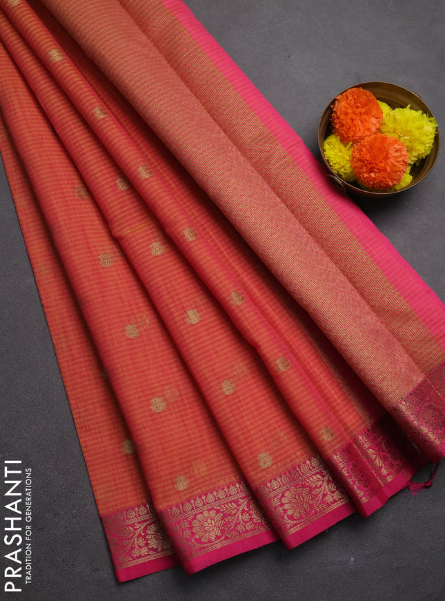 Banarasi semi dupion saree dual shade of pinkish yellow and pink with allover thread & zari woven buttas and woven border