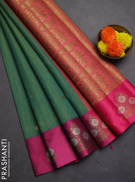 Banarasi semi dupion saree teal green and pink with allover thread & zari woven buttas and woven border