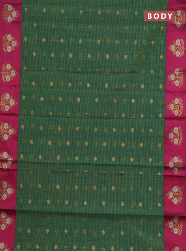 Banarasi semi dupion saree teal green and pink with allover thread & zari woven buttas and woven border