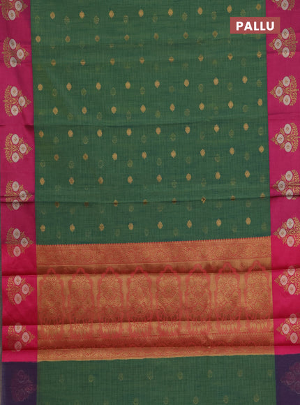Banarasi semi dupion saree teal green and pink with allover thread & zari woven buttas and woven border