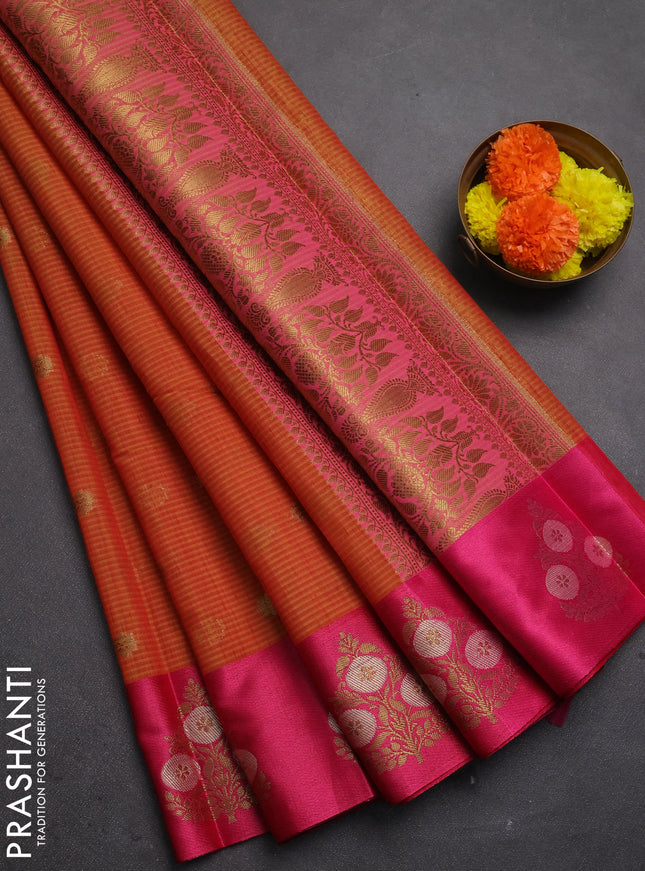 Banarasi semi dupion saree dual shade of pinkish yellow and pink with allover thread & zari woven buttas and woven border