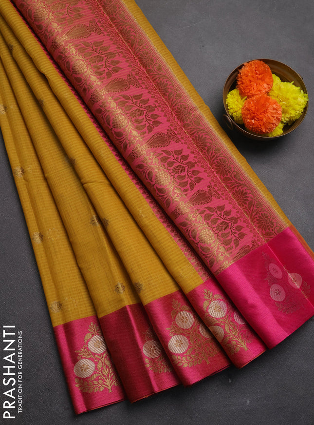 Banarasi semi dupion saree mustard yellow and pink with allover thread & zari woven buttas and woven border