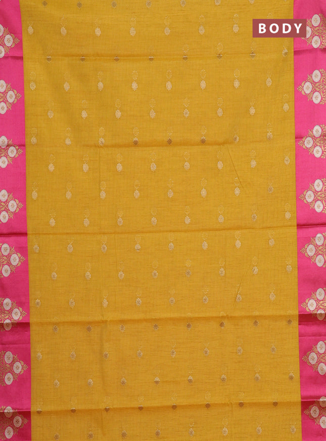 Banarasi semi dupion saree mustard yellow and pink with allover thread & zari woven buttas and woven border