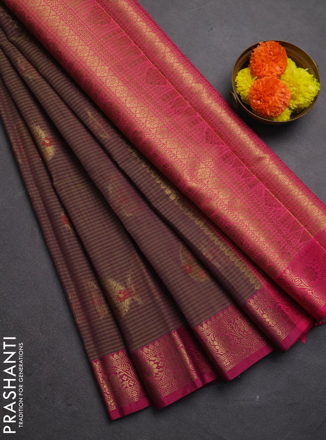 Banarasi semi dupion saree dual shade of greenish purple and magenta pink with allover woven buttas and woven border