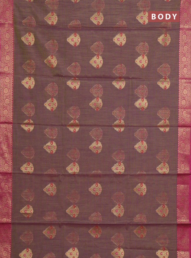 Banarasi semi dupion saree dual shade of greenish purple and magenta pink with allover woven buttas and woven border