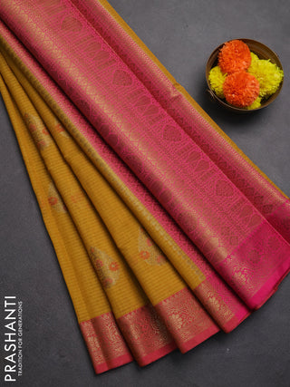 Banarasi semi dupion saree mustard yellow and pink with allover woven buttas and woven border