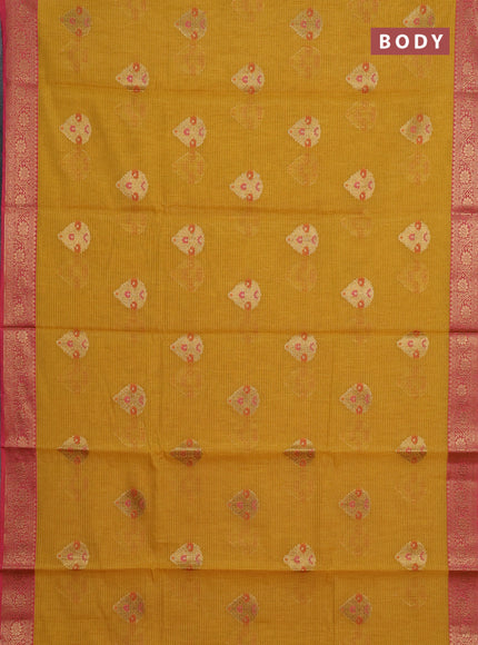 Banarasi semi dupion saree mustard yellow and pink with allover woven buttas and woven border