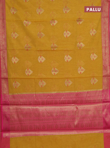 Banarasi semi dupion saree mustard yellow and pink with allover woven buttas and woven border