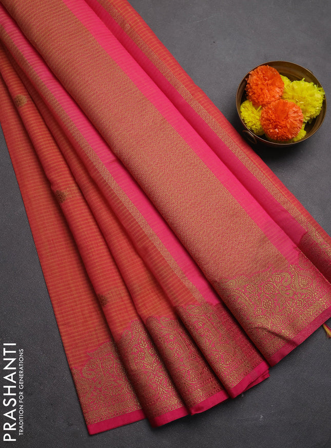 Banarasi semi dupion saree dual shade of pinkish yellow and pink with allover thread & zari woven buttas and woven border