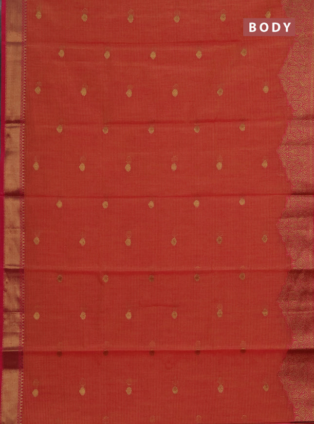 Banarasi semi dupion saree dual shade of pinkish yellow and pink with allover thread & zari woven buttas and woven border