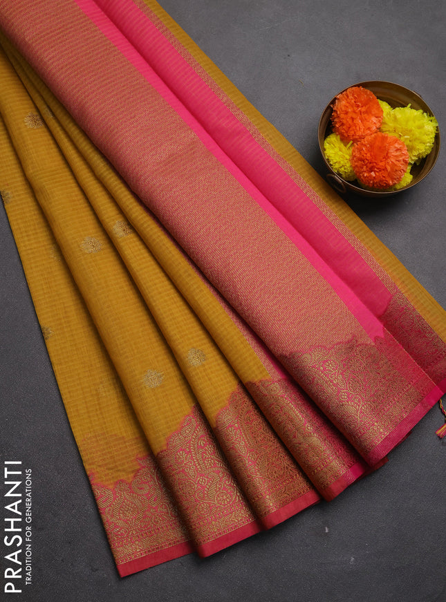 Banarasi semi dupion saree mustard yellow and pink with allover thread & zari woven buttas and woven border