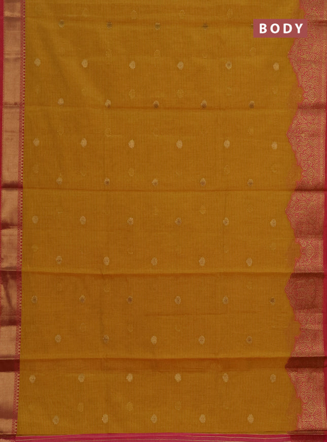 Banarasi semi dupion saree mustard yellow and pink with allover thread & zari woven buttas and woven border