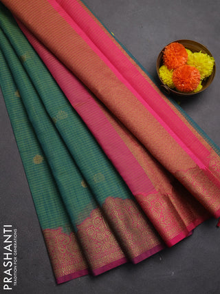 Banarasi semi dupion saree teal green and magenta pink with allover thread & zari woven buttas and woven border