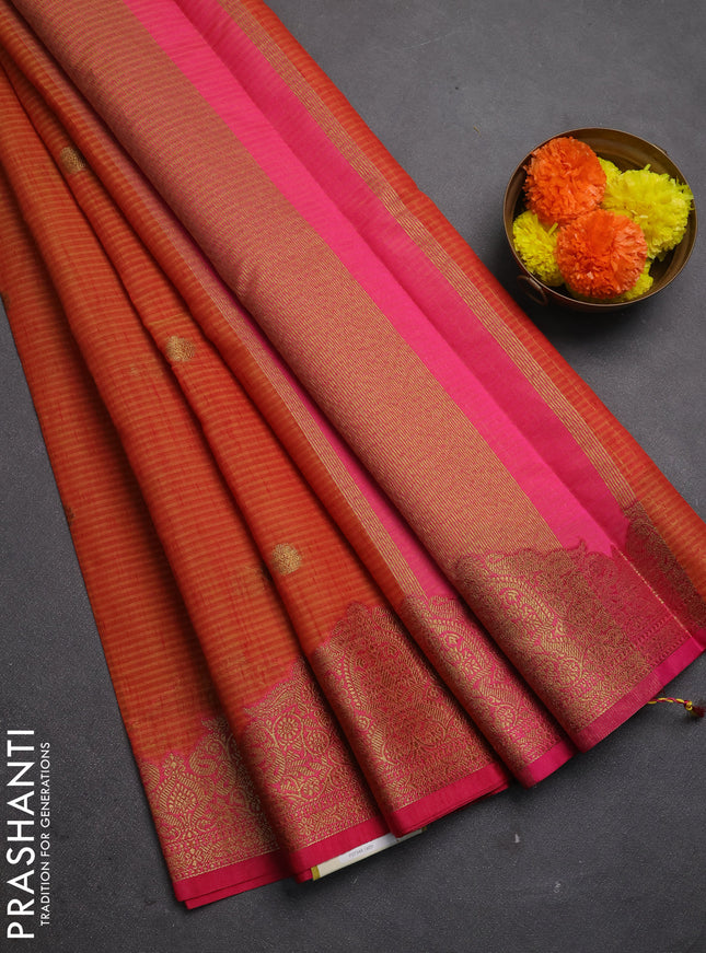 Banarasi semi dupion saree dual shade of pinkish yellow and pink with allover thread & zari woven buttas and woven border