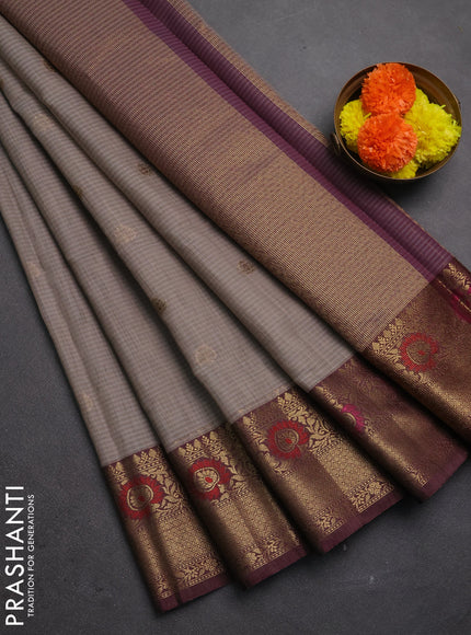 Banarasi semi dupion saree grey and wine shade with allover woven buttas and woven border