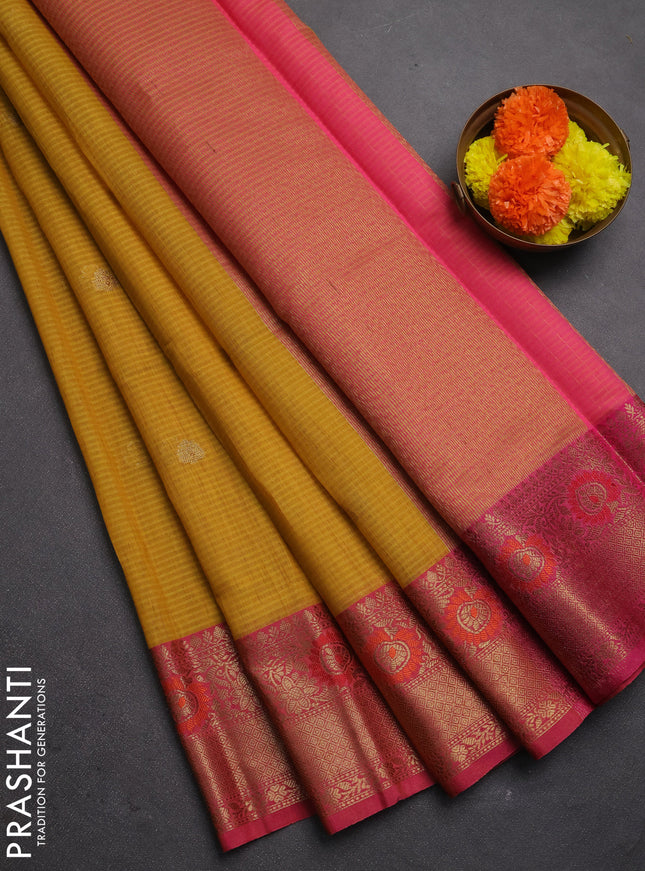 Banarasi semi dupion saree mustard yellow and pink with allover woven buttas and woven border