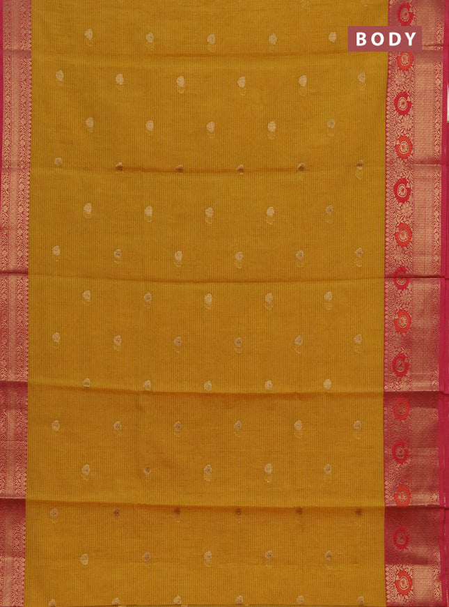 Banarasi semi dupion saree mustard yellow and pink with allover woven buttas and woven border