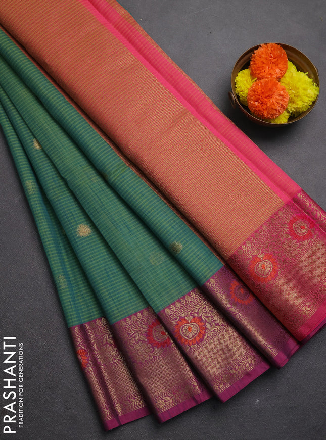 Banarasi semi dupion saree teal green and magenta pink with allover woven buttas and woven border