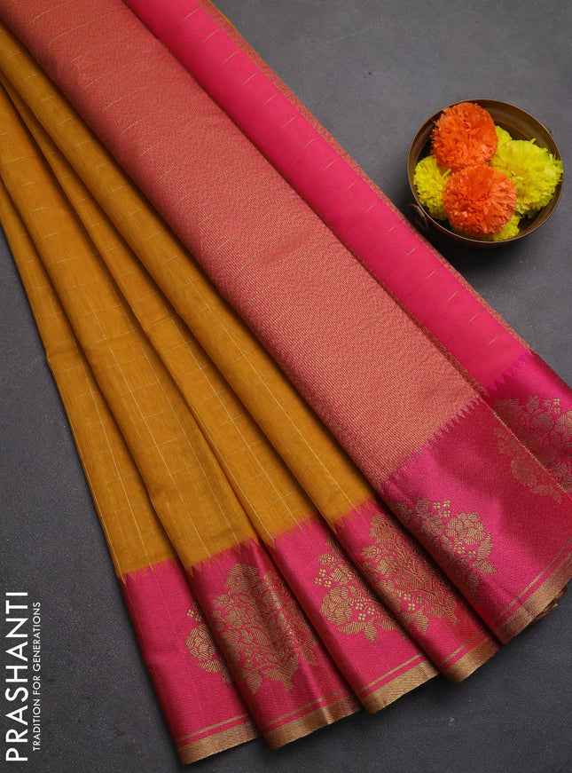 Banarasi semi dupion saree mustard yellow and pink with allove checked pattern and woven butta border