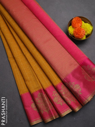 Banarasi semi dupion saree mustard yellow and pink with allove checked pattern and woven butta border