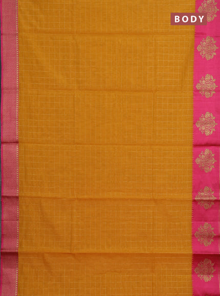 Banarasi semi dupion saree mustard yellow and pink with allove checked pattern and woven butta border