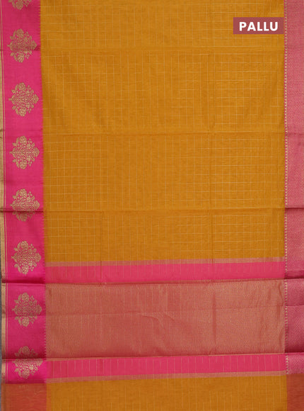 Banarasi semi dupion saree mustard yellow and pink with allove checked pattern and woven butta border