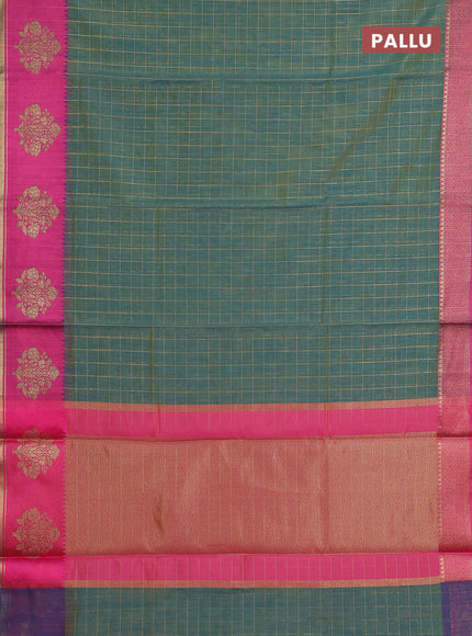 Banarasi semi dupion saree teal blue and pink with allove checked pattern and woven butta border