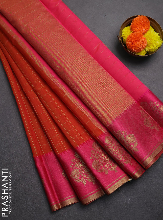 Banarasi semi dupion saree dual shade of red and pink with allove checked pattern and woven butta border