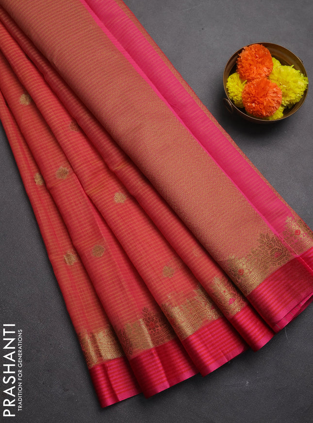 Banarasi semi dupion saree dual shade of pinkish yellow and pink with allover woven buttas and woven border