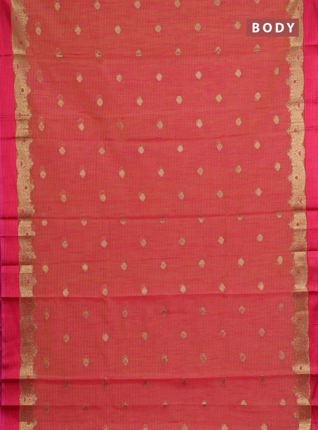 Banarasi semi dupion saree dual shade of pinkish yellow and pink with allover woven buttas and woven border