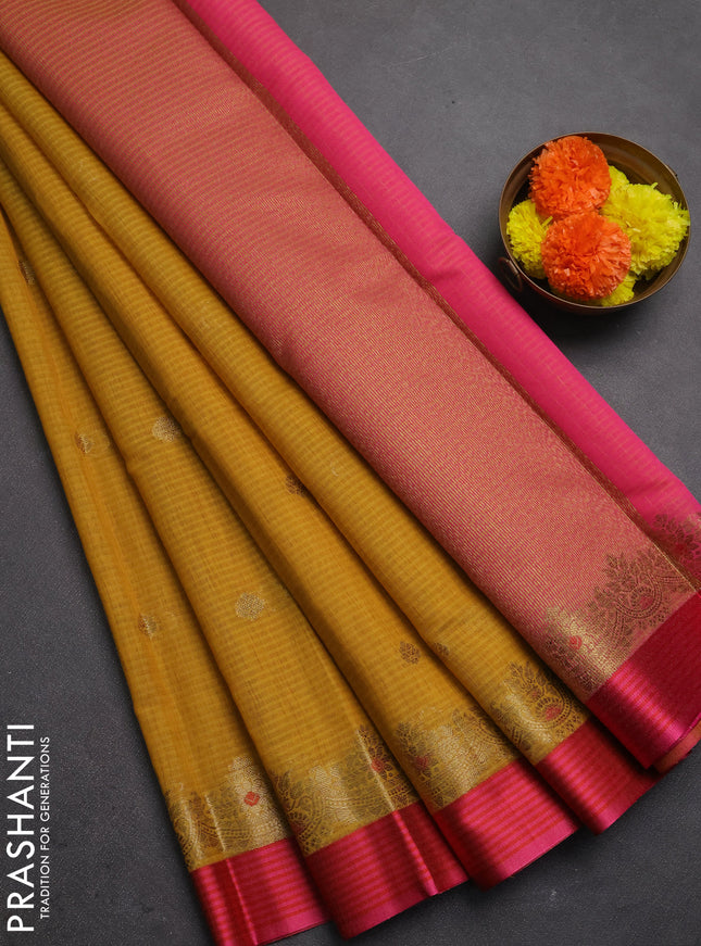 Banarasi semi dupion saree mustard yellow and pink with allover woven buttas and woven border