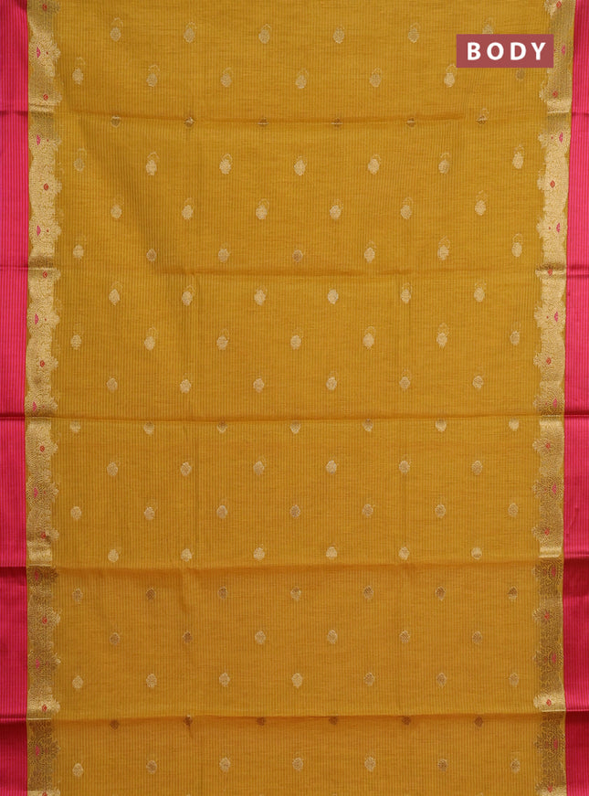 Banarasi semi dupion saree mustard yellow and pink with allover woven buttas and woven border