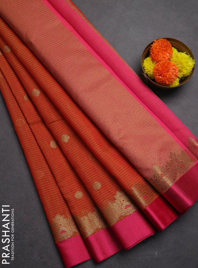 Banarasi semi dupion saree mustard yellow and pink with allover woven buttas and woven border