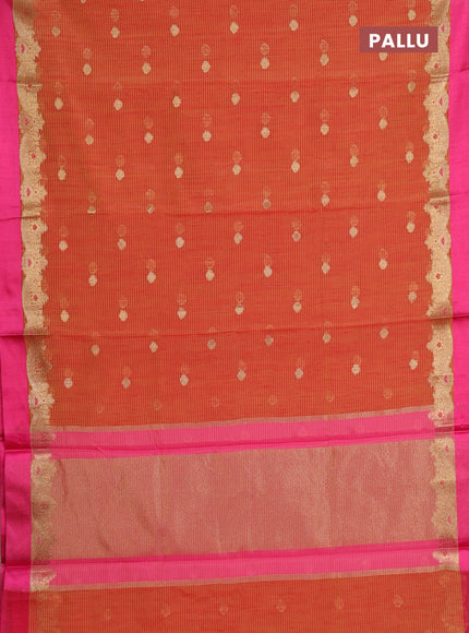 Banarasi semi dupion saree mustard yellow and pink with allover woven buttas and woven border