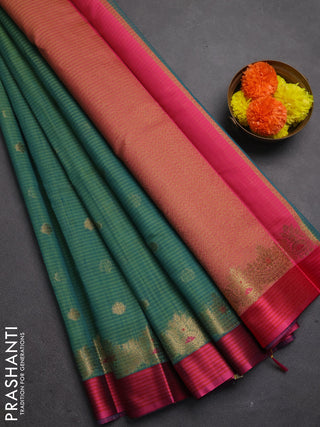 Banarasi semi dupion saree teal green and pink with allover woven buttas and woven border