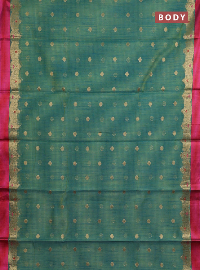 Banarasi semi dupion saree teal green and pink with allover woven buttas and woven border
